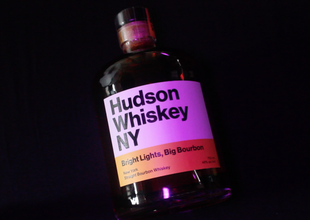 Hudson Whiskey's 'Bright Lights, Big Bourbon' bottle under some very nice lights.