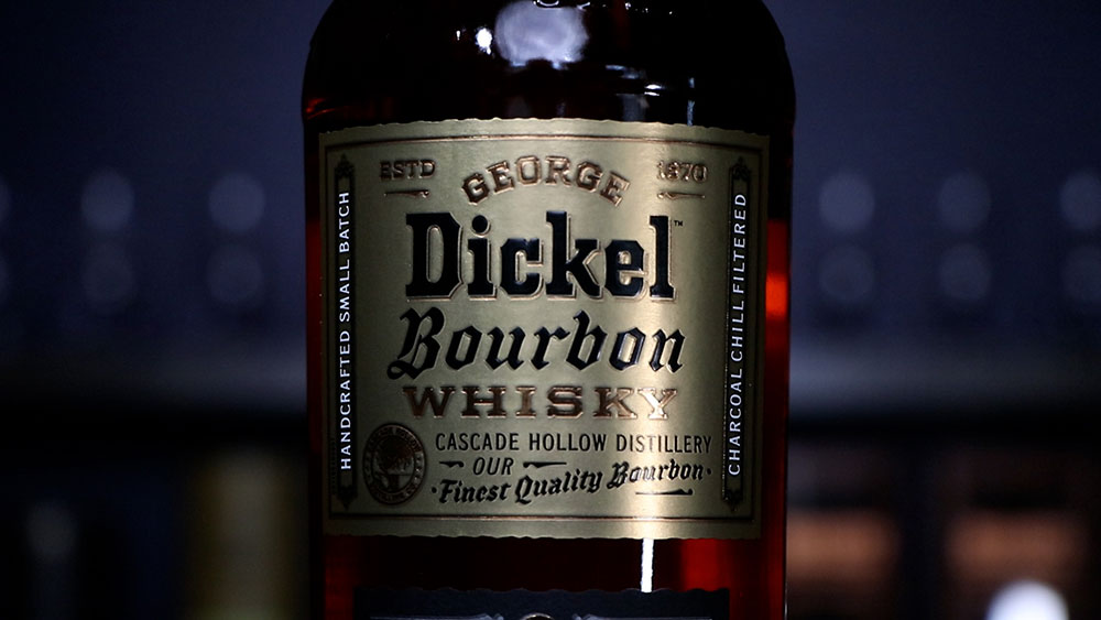 Close up of the label of a bottle of George Dickel 8 Year bourbon.