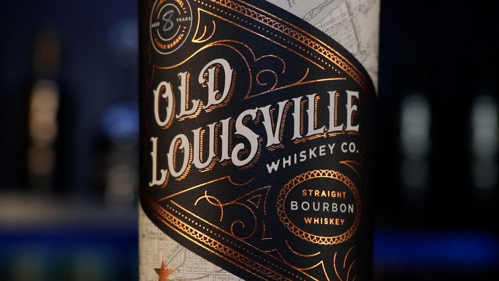 A closeup of a bottle of Old Louisville Whiskey Batch 1 Single Barrel.