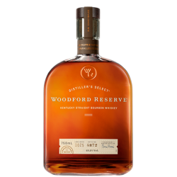 A bottle of Woodford Reserve Kentucky Straight Bourbon Whiskey.