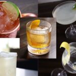 A collage of 5 different cocktails, in a grid of 4 with another superimposed in the center. The cocktails clockwise from left are: Moscow Mule, Daiquiri, Martini, Margarita and the Old Fashioned in the center.