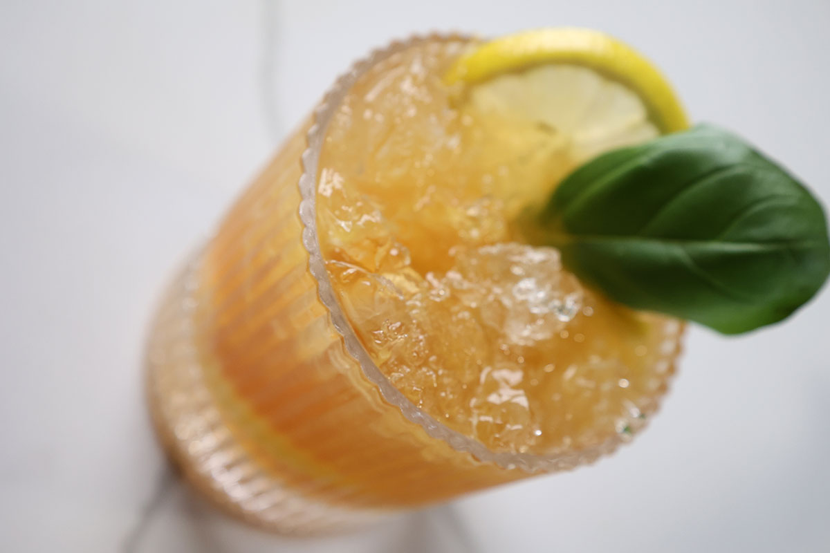 A photo of the bourbon basil smash cocktail.